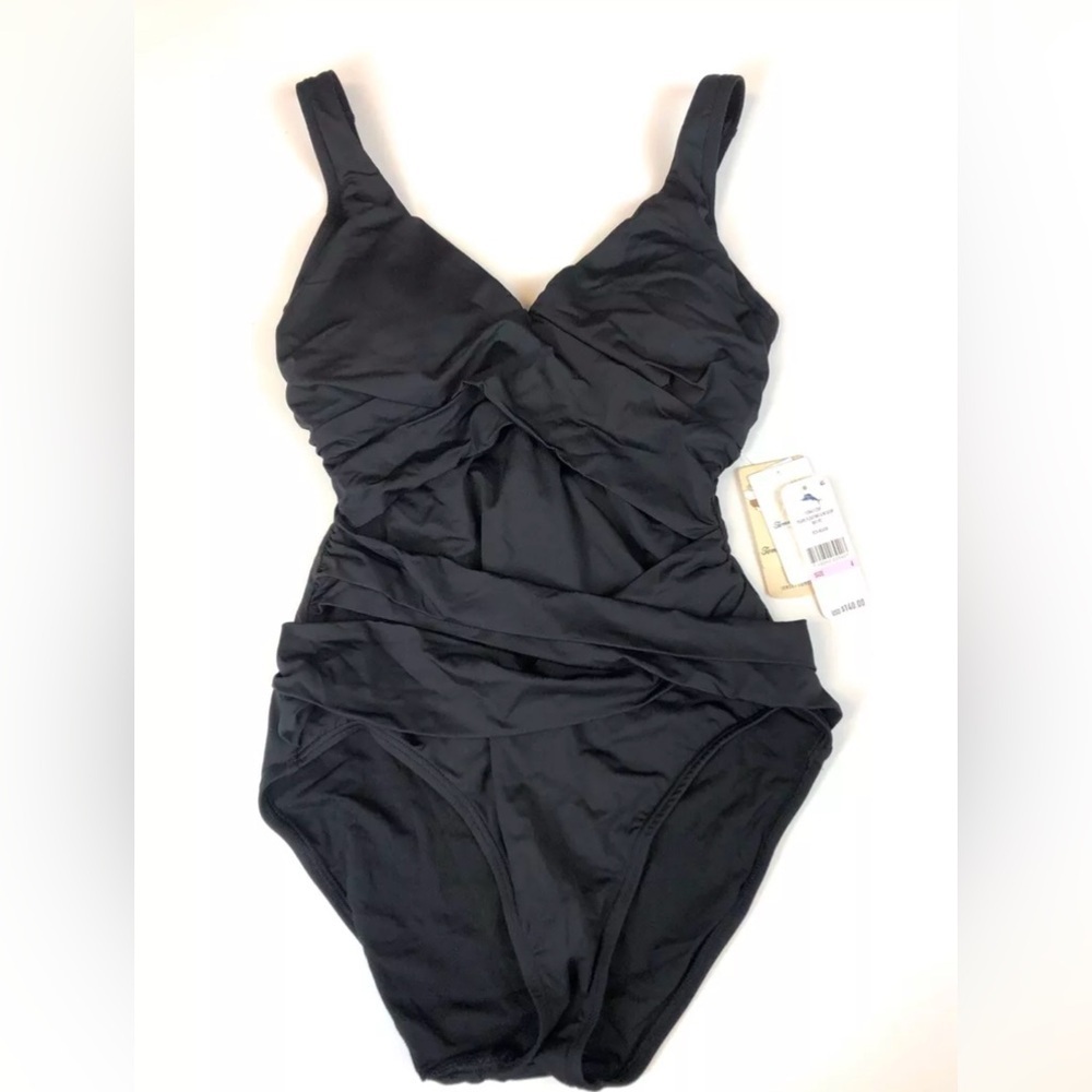Tommy Bahama, Pearl Wrap Front One Piece Swimsuit, Black, Women’s Size 6